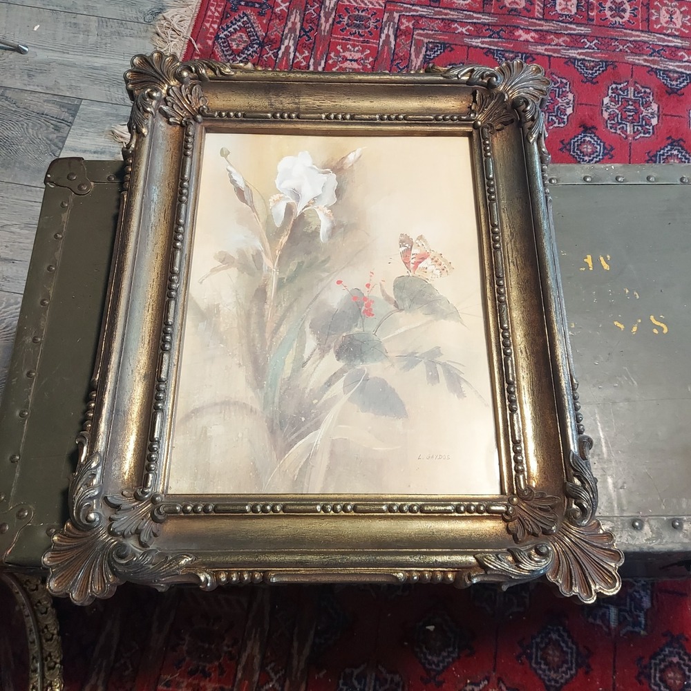 Vintage 1978 L Gaydos White Iris Butterfly Art Ornate Gold Frame 22x18.5 3330